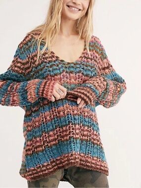 Free People Spell On You Crochet Sweater Slouchy Knit Bohemian Oversized Large